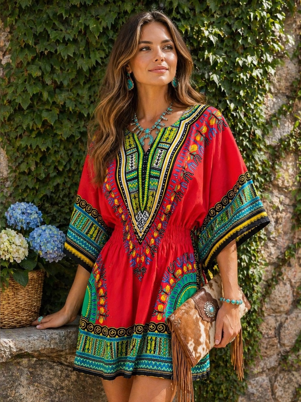 VINTAGE MAMA & PAPA Bohemian Multicolor Red Minidress/Dashiki Kaftan, One Size